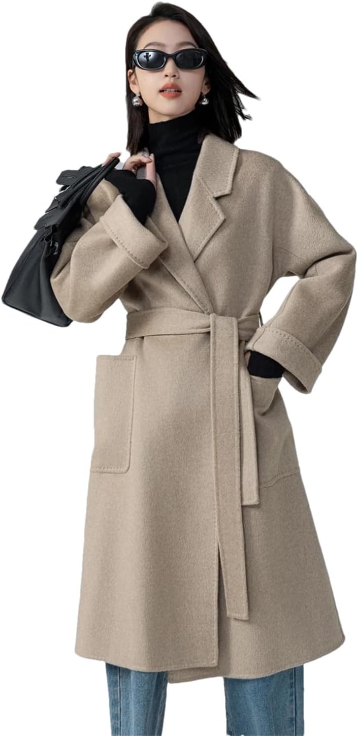 女性 100% ウールウォーターリップルロングオーバーコートノッチドラペル裏地なしコートオープンフロントベルト付きピーコート リップルフードコート  女性 100% ウールウォーターリップルロングオーバーコートノッチドラペル裏地なしコートオープンフロントベルト付き ...