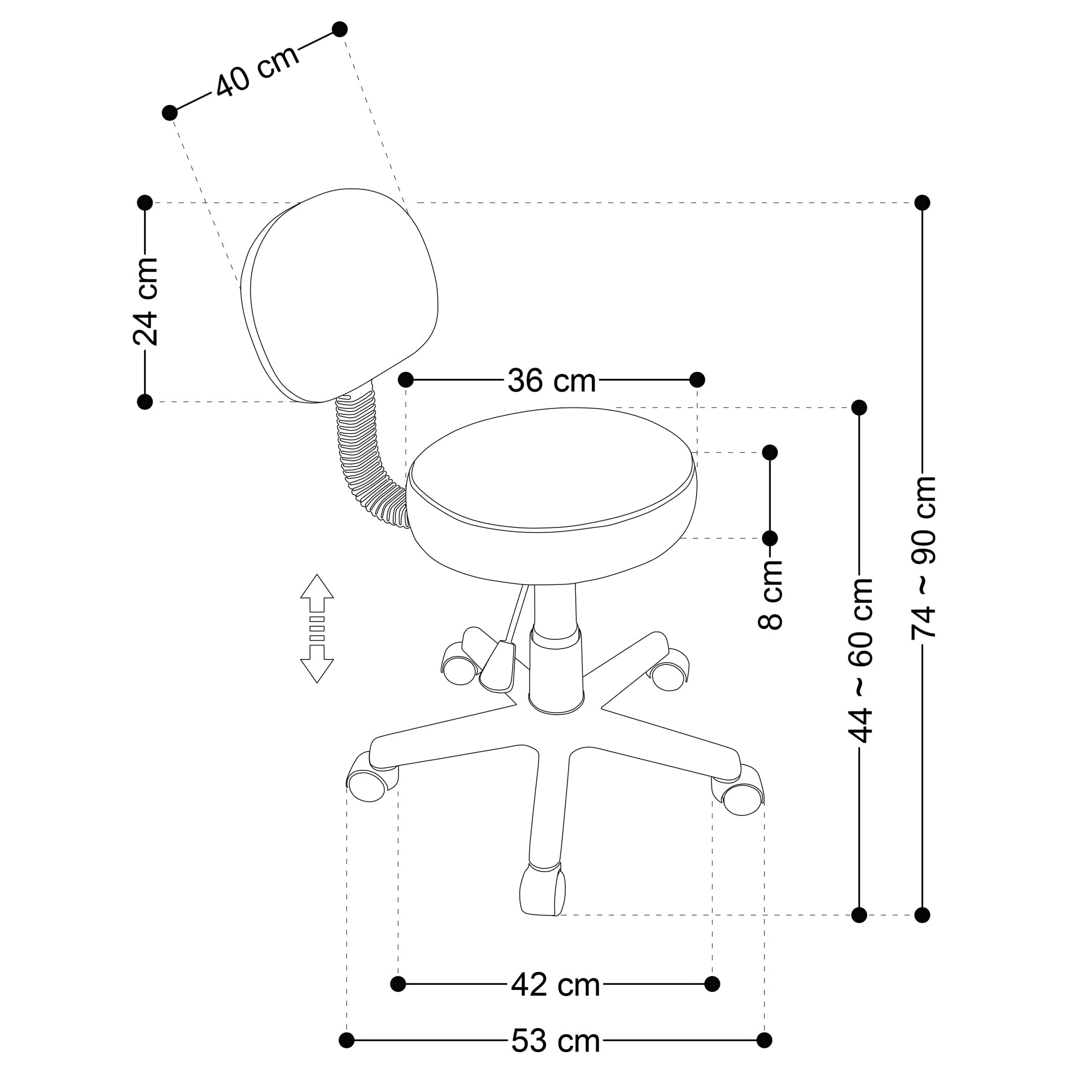 BELTOM® Taburete ERGONÓMICO Regulable CO Respaldo Silla CASA SALÓN Studio Tatuaje Masaje - Crema