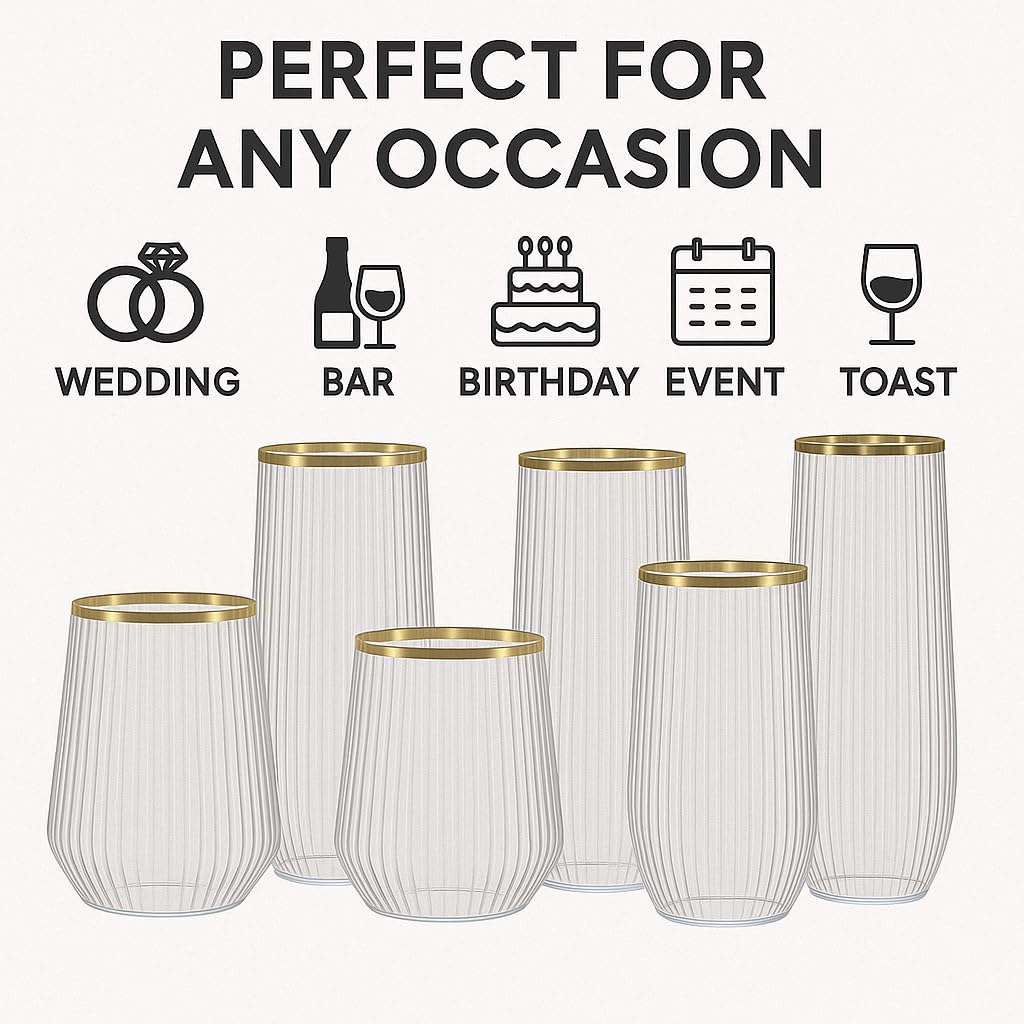 Oojami 48 Pack Plastic Champagne Flutes and Wine Glasses Set with Gold Rim — Amazon image 3