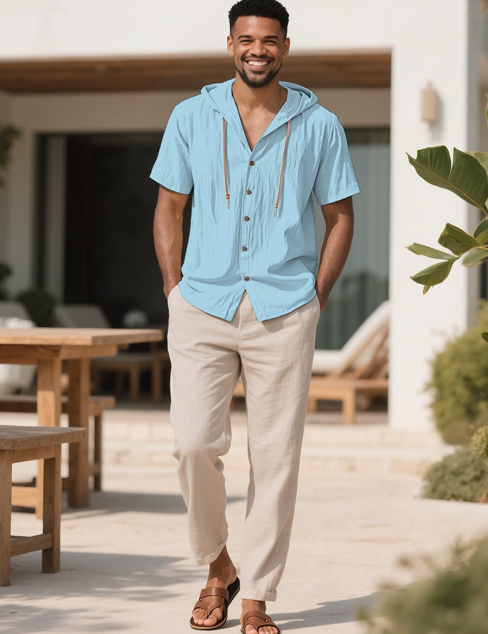 Men's Cotton Linen Shirts Short Sleeve Casual Sweatshirts Button Down Summer Beach Wedding Shirts with Hoodies - Image 5