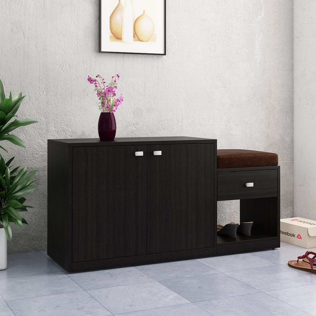 Spacewood Shoe Rack | 3 Year Warranty |Cabinet |All in One| 2 Door with 1 Drawer and Attached Stool| Engineered Wood | Natural Wenge-image-42