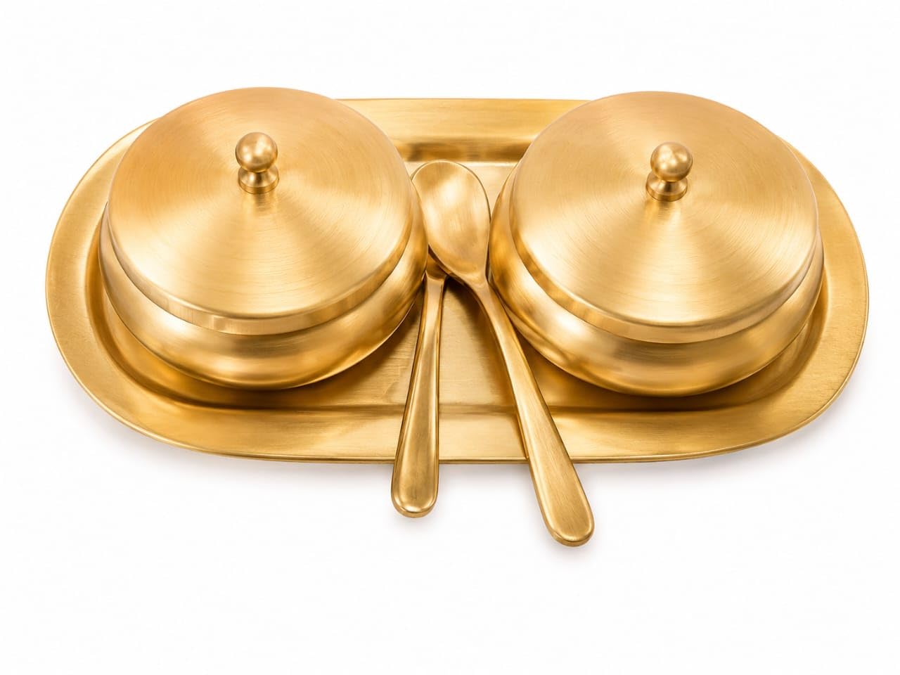 Brass Double Bowl Set with Lids, Spoons, and Tray, Golden, Traditional Style, Round, 5-Piece Serving Set-image-2