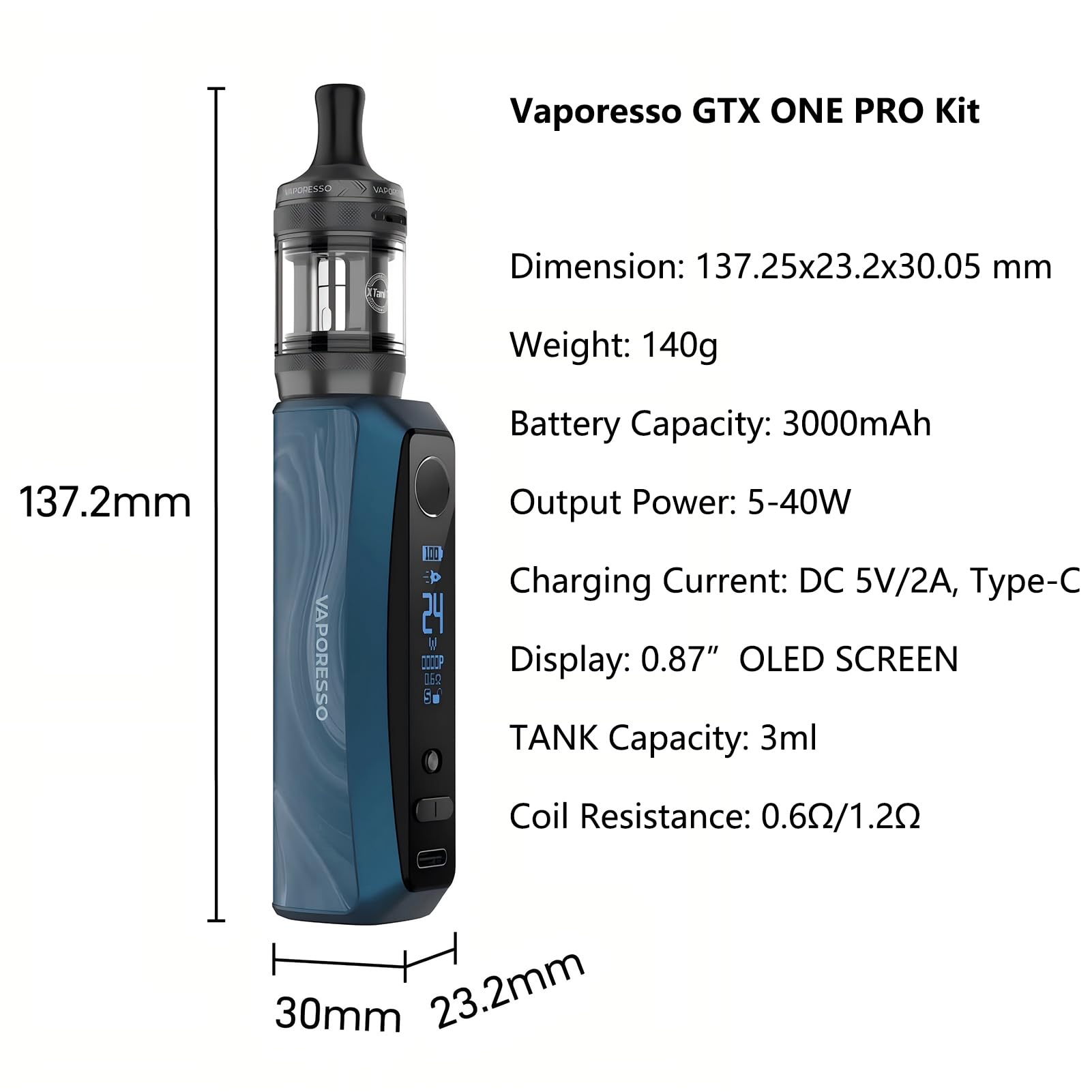 Vaporesso GTX One Pro Mod Kit con batteria integrata 3000mAh, atomizzatore XTank T da 3ml (ricarica dall'alto) compatibile con resistenze GTX (0.6Ω/1.2Ω) - Senza nicotina (Nero)