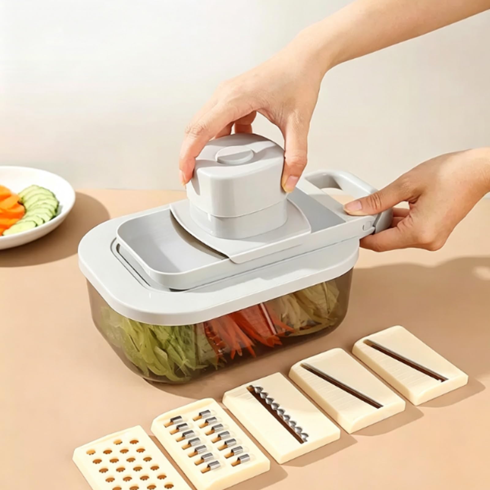 Mandolina de Cocina Profesional 9 en 1 De Acero Inoxidable, Picadora Verduras 9 en 1, Protector Manos Resistente, con Recipiente y Cuchillas Intercambiables Acero Inoxidable