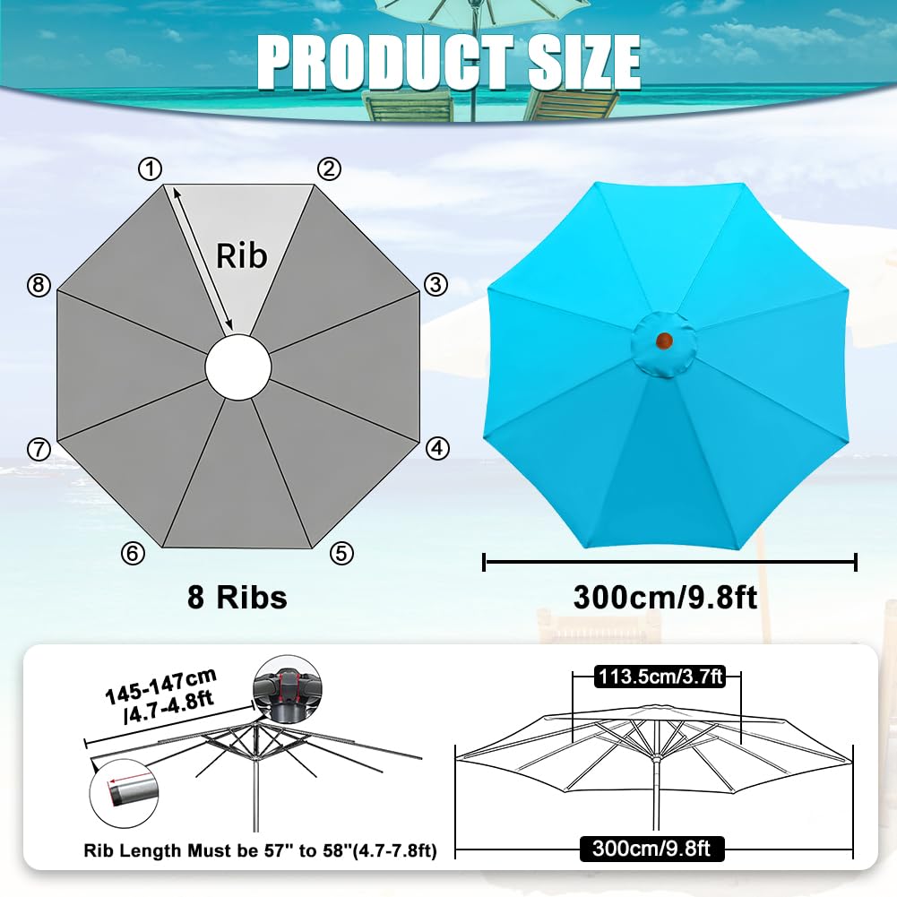 Housse de rechange pour parasol de 3 m, 8 baleines, pas de support de parasol, Bleu océan., 300cm, 8 Rippen