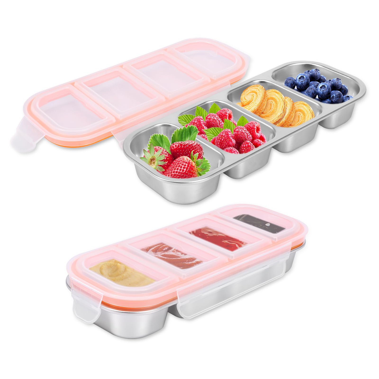 2 Stück Snackbox mit Fächern, Snackteller aus Edelstahl, Snackschale mit Deckel,Luftdichte & auslaufsicher, Unterteilte Snackdose, BPA-frei mikrowellengeeignet & Spülmaschinenfest(4 Fächern)