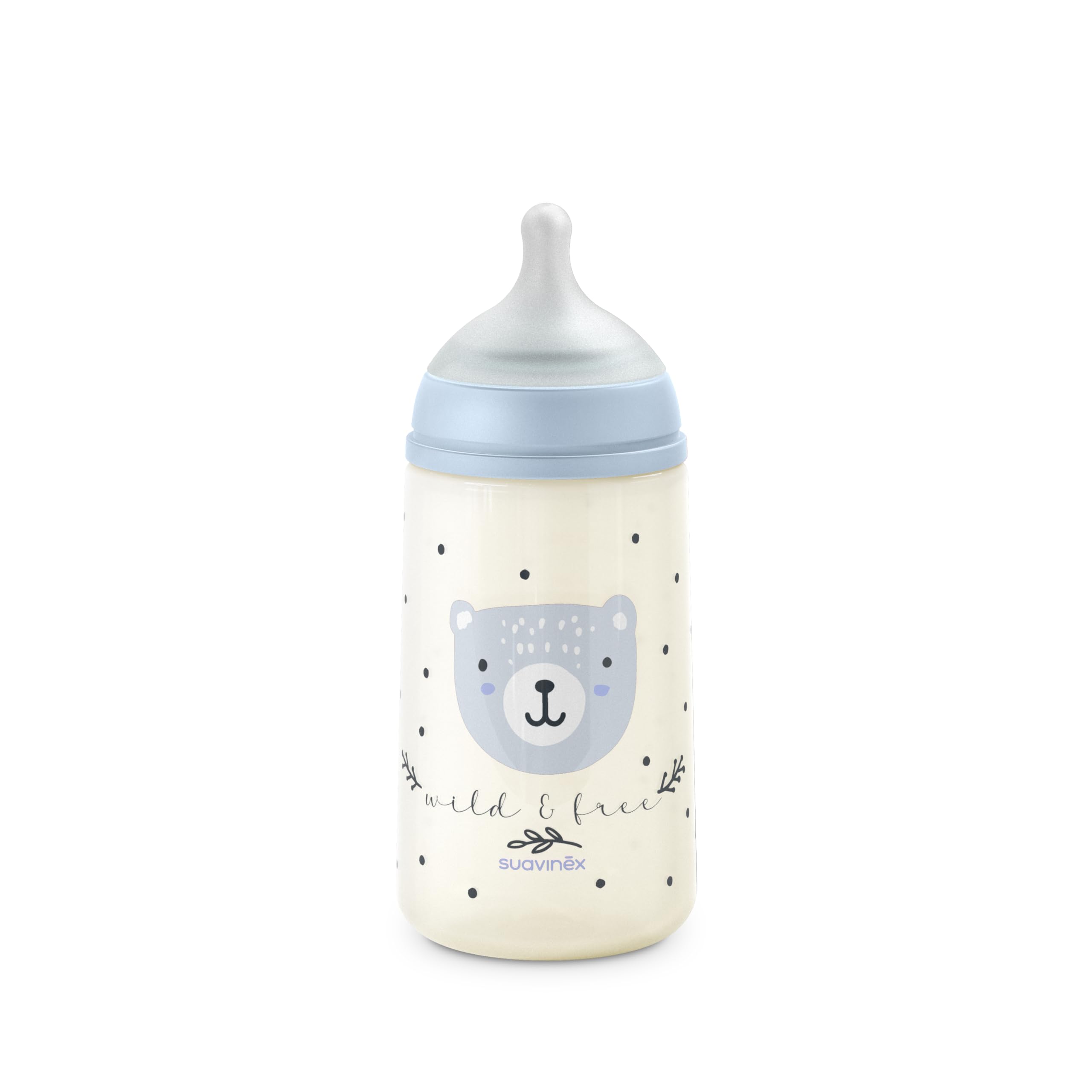 Suavinex, Babyflasche 270 ml mit SX Pro Physiologischem Silikon-Sauger, Antikolik-Flasche mit mittlerem Fluss (M), für Milch, Säfte oder Wasser, Babys ab 3 Monaten, Wild&Free Blau