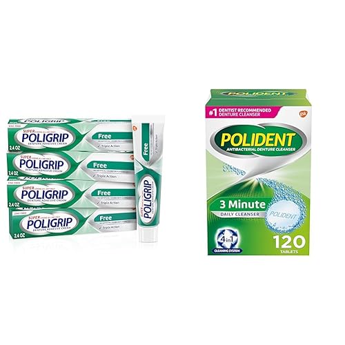 Super Poligrip Crema adhesiva sin zinc para dentaduras postizas y parciales, 2.4 onzas (paquete de 4) y tabletas limpiadoras de dentaduras postizas