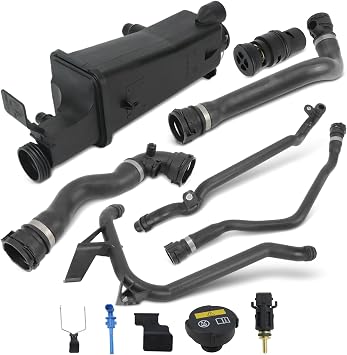 9PCS Engine Coolant Overflow Recovery Reservoir Tank Kit for BMW 1998-2006 E46 320i 320Ci 323i 325i 323Ci 328Ci 325Ci 328i 330i 330Ci 316i 318i, OE# 17117573781 17111437362 11537502525 11531436410