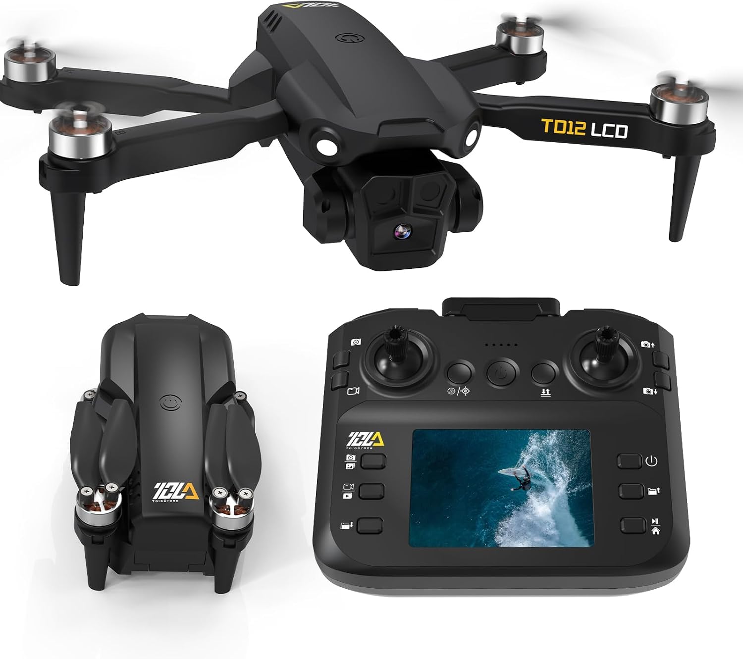 Toladrone TD12LCD Drone Pieghevole con Fotocamera 1080P, Quadricottero RC con Trasmissione immagini schermo LCD, Modalità senza testa, Regolazione elettrica 90°, Drone per Adulti e Principianti