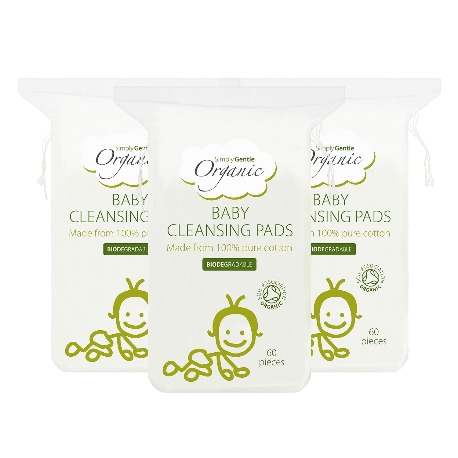 Simply Gentle Organic Cotton Baby Pads - Ultra-Soft, Lint-Free & Eco-Friendly, White, 60 Pads (Pack of 3)