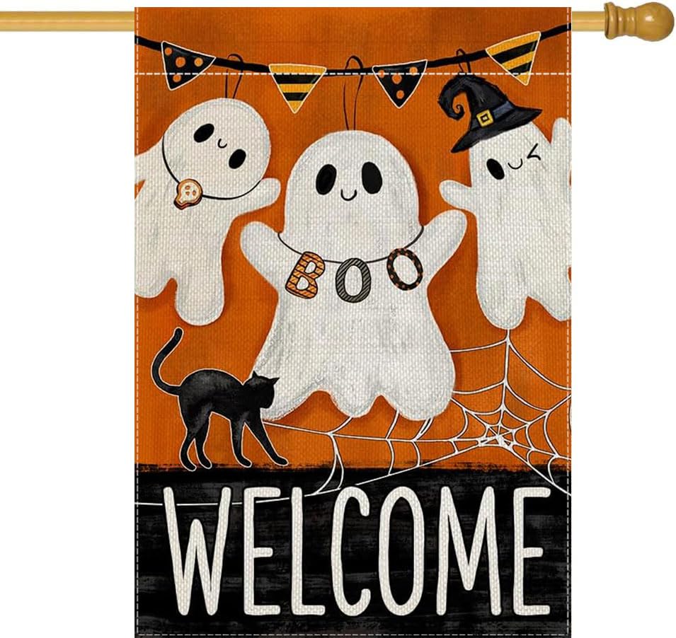 LHSION Halloween Ghost House Flag 28 x 40 Inch Boo Welcome Black Cat Double Sided Decorative Farmhouse Yard Holiday Outdoor Flag