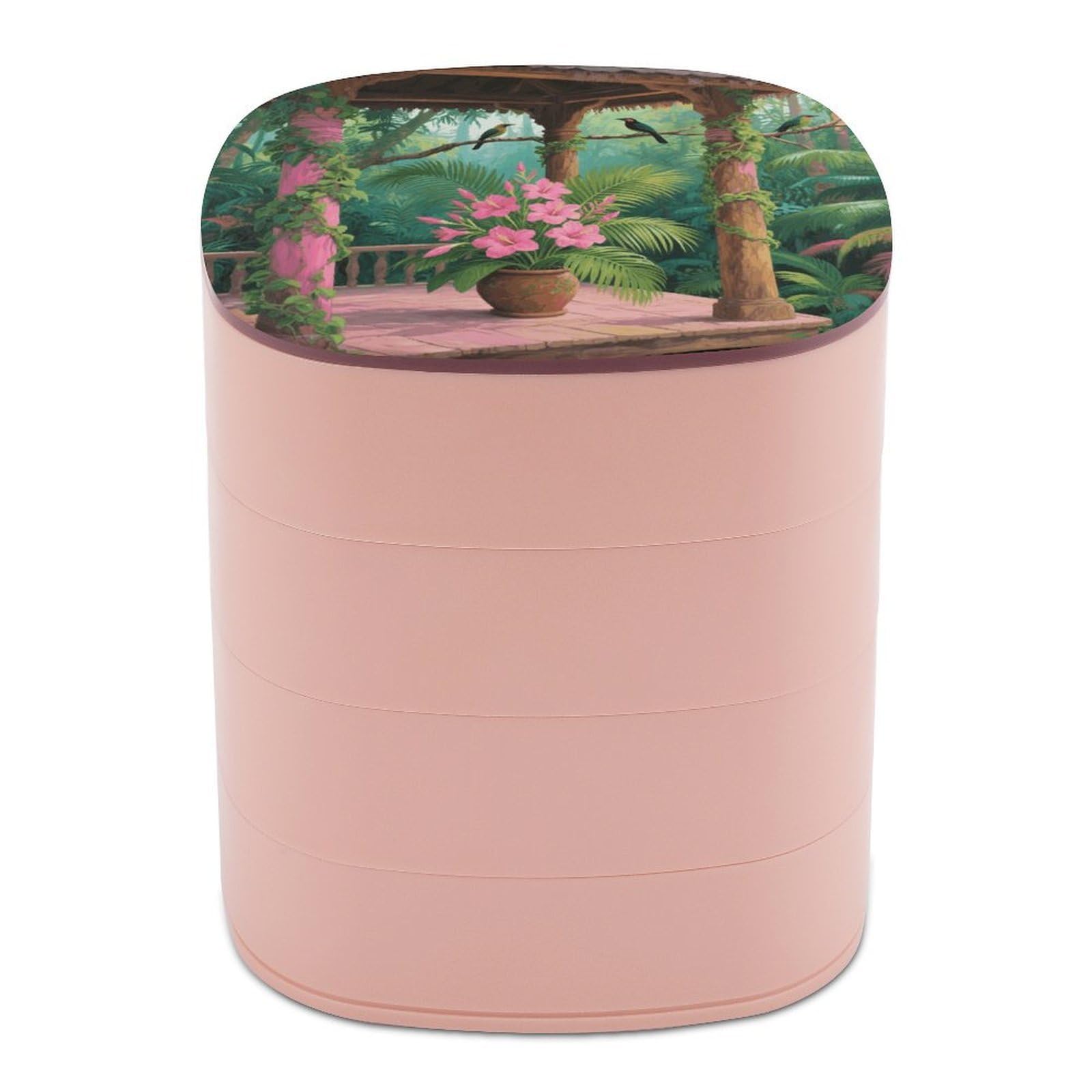 VstaDank Tropical Flowers Palm Leaves Jewelry Case Women Portable Travel Jewelry Box Rotating Jewelry Organizer with Mirror Multi-Layer Necklace Ring Earring Storage Box for Bracelets Rings