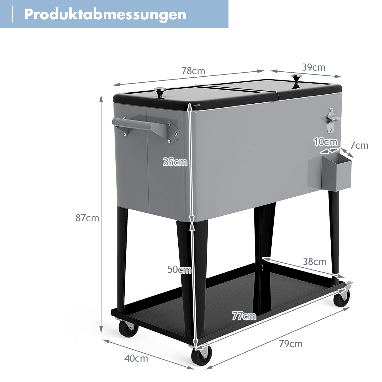 COSTWAY 76L Kühlwagen Beistellwagen, Servierwagen Kühlbox mit Rädern und Ablagefläche, Kühlbehälter Getränkewagen, Getränkekühler inkl. Flaschenöffner für Outdoor Terrassen Party (Silber)