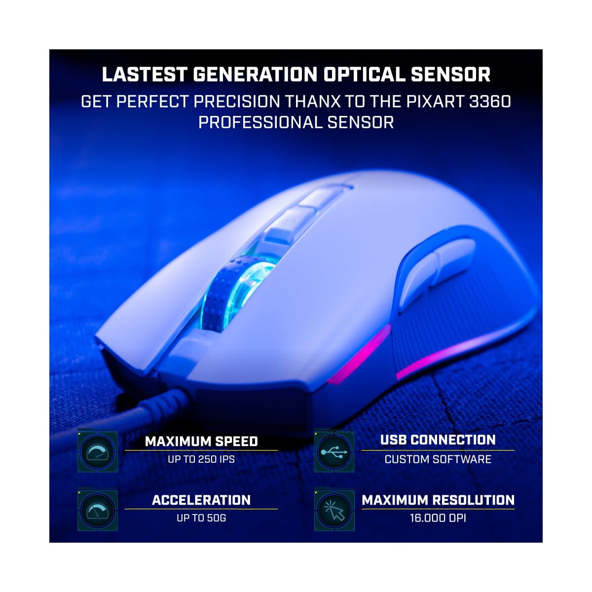 Newskill EOS ratón Gaming RGB alámbrico Negro 16000DPI 10 perfiles configurables Sensor óptico PMW3360 Negro