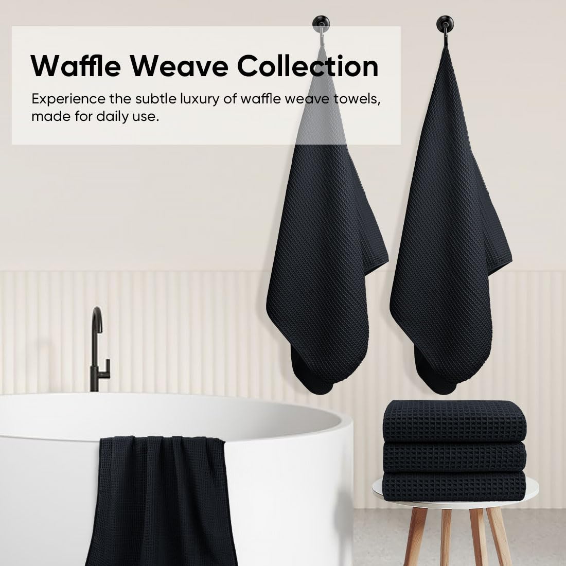 HOMEXCEL Set di 4 asciugamani da bagno a nido d'ape, in microfibra di alta qualità, leggeri, altamente assorbenti e ad asciugatura rapida, per bagno, palestra, doccia, hotel e spa, 68 x 137 cm, nero
