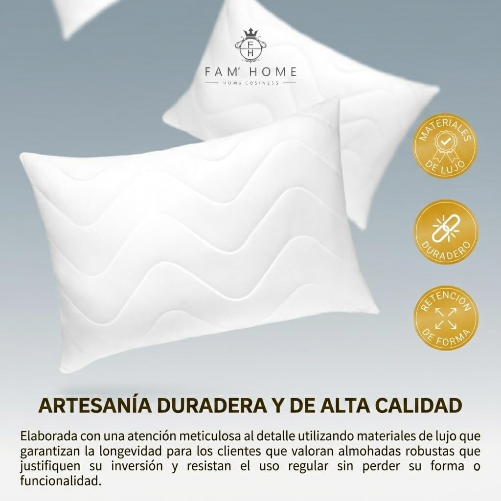 FAM' Home - Juego de 2 Almohadas hipoalergénicas de Lujo, 50 x 70 cm, Relleno de Volumen (720 g), Almohada ergonómica Blanca, fácil Cuidado, Almohada de 50 x 70 cm, Lavable hasta 95 °C, Transpirable