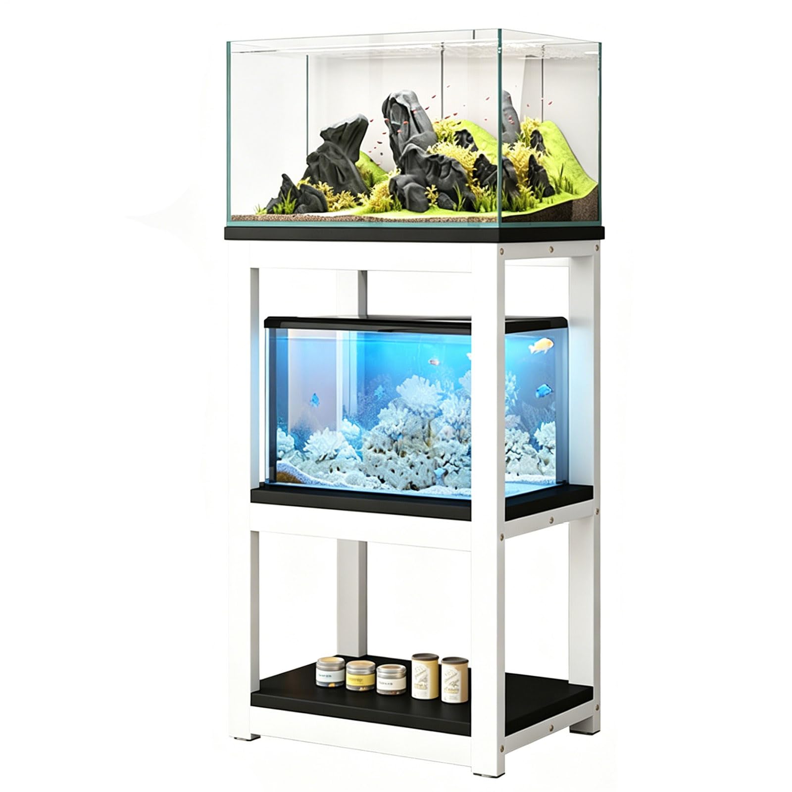 Supporto Acquario 3 Ripiani per 10-40 Galloni, Mobile Acquario in Metallo Resistente con Mensole, Supporto Terrario Stabile e Salvaspazio White Frame + Black Board 41*30cm/16.1*11.8in