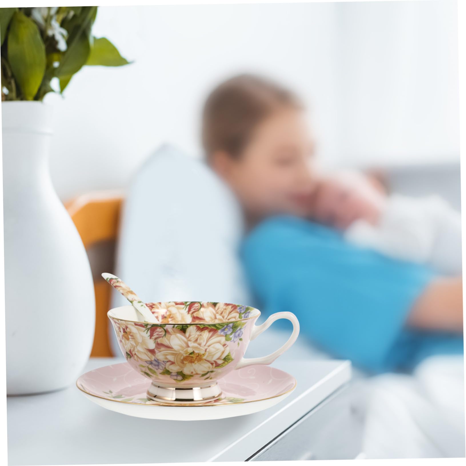 Porzellan Kaffee Und Teetasse Mit Untertasse Löffel Blumenmuster Pink Innen Für Haushalt Büro Café Geschenkset