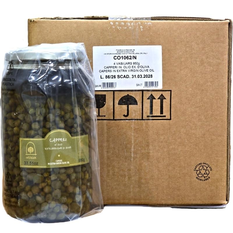 Kapern aus Pantelleria in nativem Olivenöl extra 950 g, Abtropfgewicht 523 g – Sizilianische Gourmet-Konserve – Ideal für Fisch, Salate, Saucen, Vorspeisen und mediterrane Küche – 4 Stück