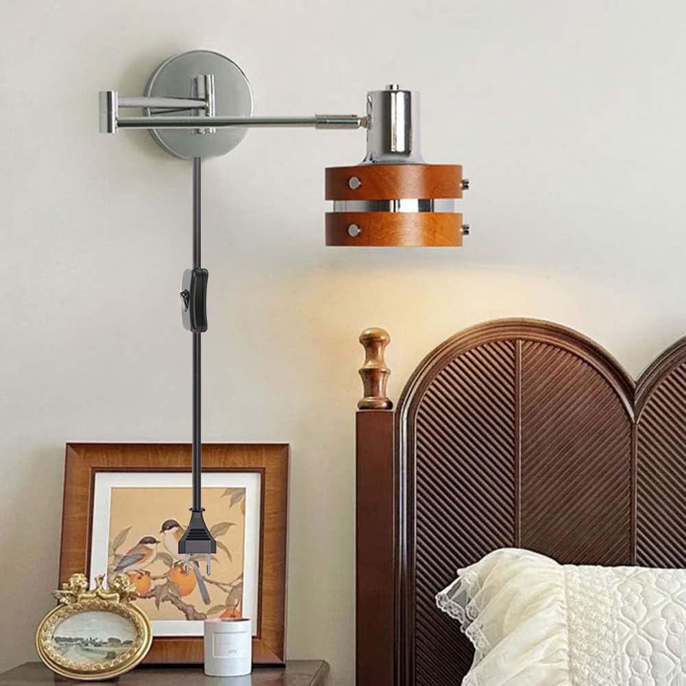 Holz Vintage Wandleuchte Schwenkarm Innen Wandlampe Verstellbar Lange Arm Wandleuchten mit Stecker und Kabel Schalter Wand Leseleuchte Faltbar Drehbarelampe für Wohnzimmer Schlafzimmer