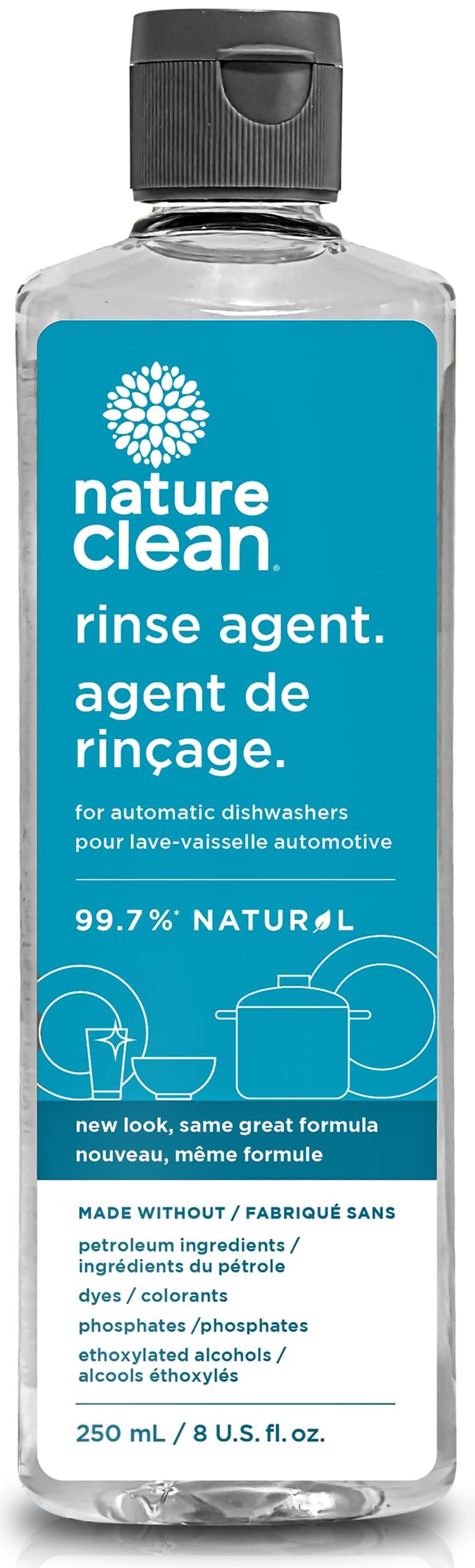 NATURE CLEAN Natural Dishwasher Rinse Aid Cleaner Liquid & Dishwashing Drying Agent 8 oz - 250ml. Non-Toxic Eco-Friendly Plant-Based Fragrance-Free. Spot Free Hard Water Stain Remover for Glass