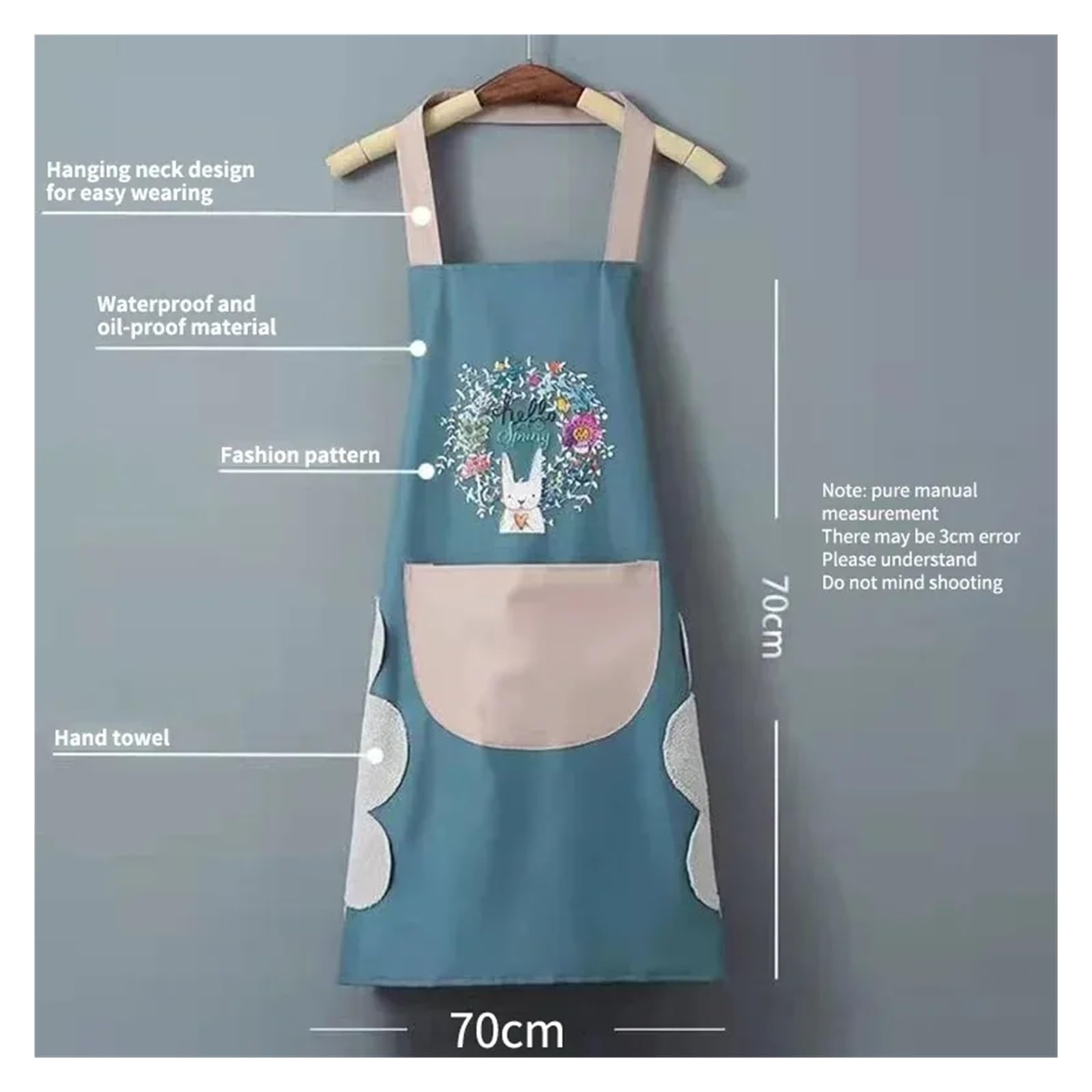 Delantal de cocina for mujer, con diseño conejo y guirnalda flores, impermeable, a prueba aceite, dibujos animados, borrable funda for las manos