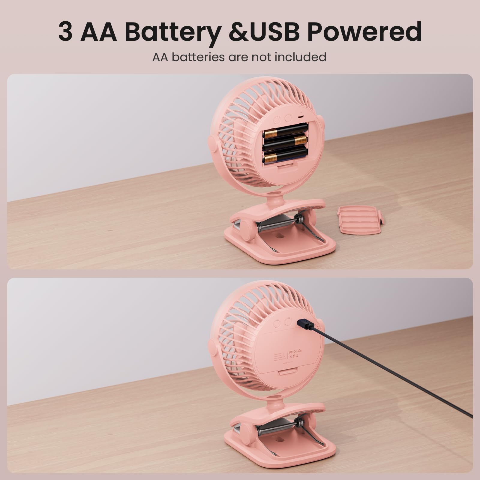 Ventilatore a clip alimentato a batteria AA con 4 velocità, piccolo ventilatore da scrivania da 12,7 cm con funzione aroma, alimentazione USB, rotazione a 360°, ultra silenzioso, per carrello da golf
