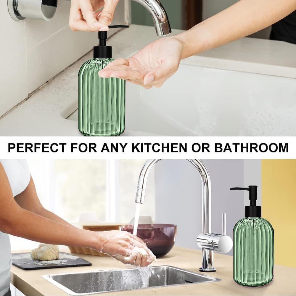 2 Pack 14oz Glass Soap Dispenser with Black Pump – Refillable for Hand Soap, Dish Soap, Lotion, Suited for Kitchen, Bathroom & Laundry Room(Olive Green) image 4