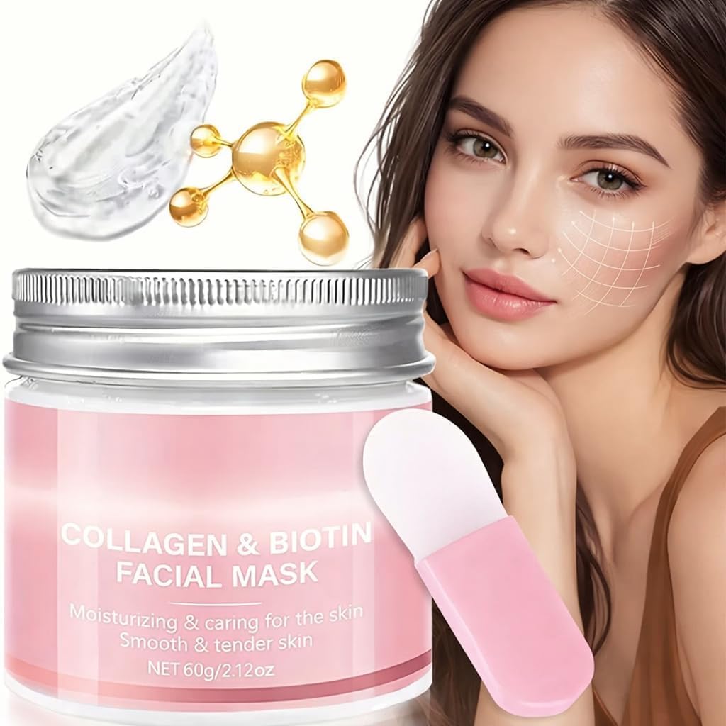 collagen face mask with application brush - gel formula day/night light beige, collagen serum for plumping, hydration & radiance, strawberry scented for all light beige types (sensitive, dry, oily, combination) - gel pack