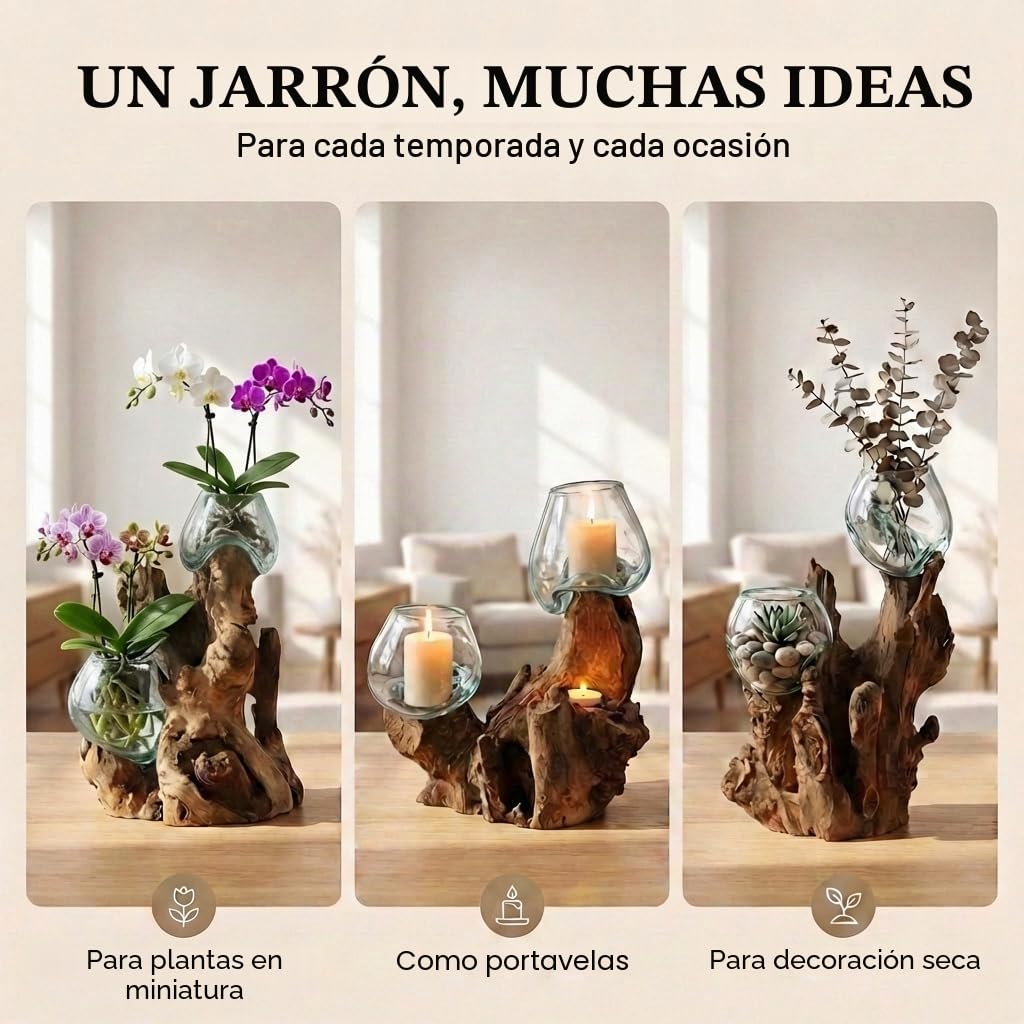 Jarrón doble de cristal sobre raíz de madera Gamal - Diámetro de cristal 9-10 cm hecho a mano, pieza única de madera como idea de regalo para decoración Do10L