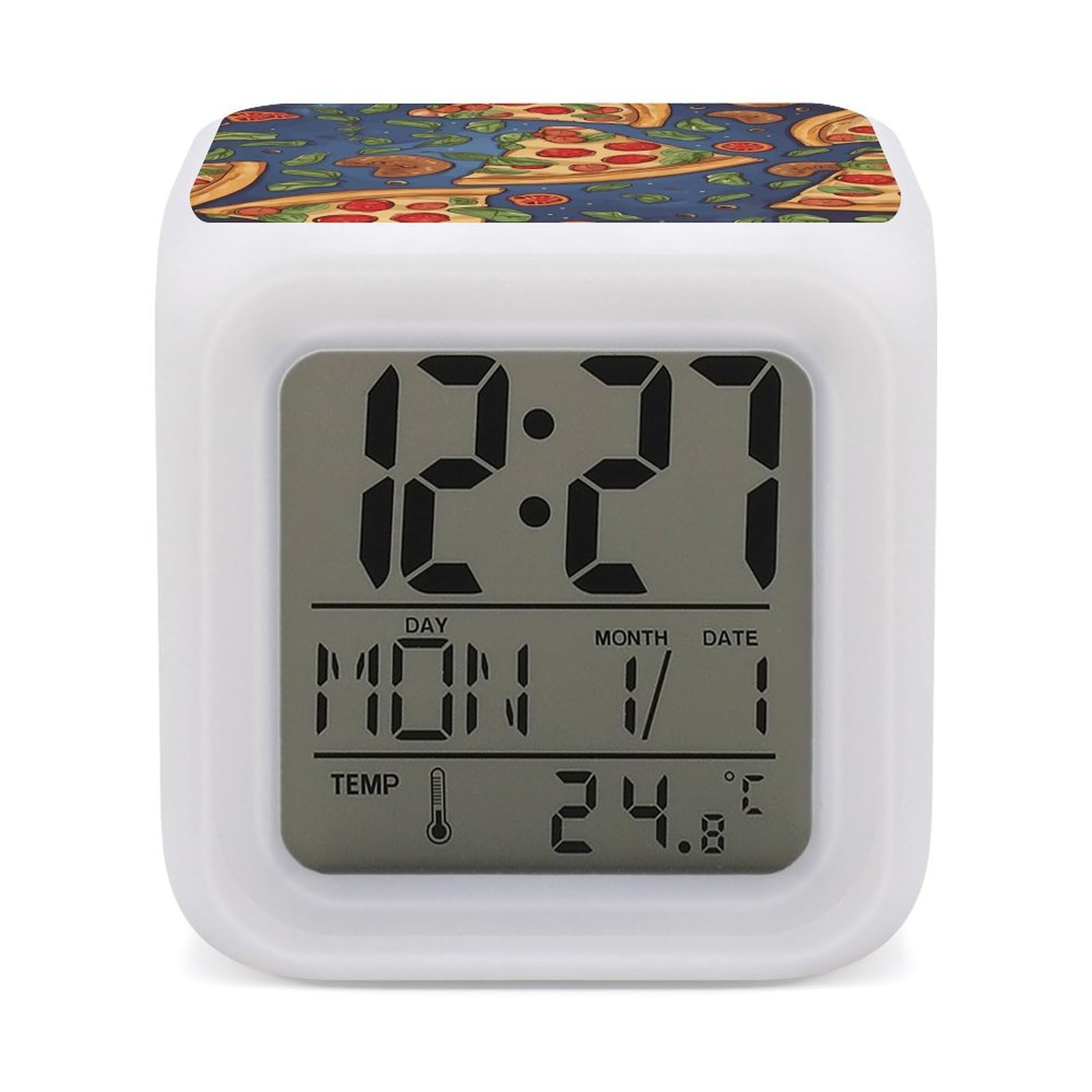 FekiLoot Pizza Alarm Clock for Heavy Sleepers Small Digital Alarm Clock with Date Temperature Wake Up Digital Clocks with 7 Colors Changing Desk Clocks for Bedroom Bedside Nightstand