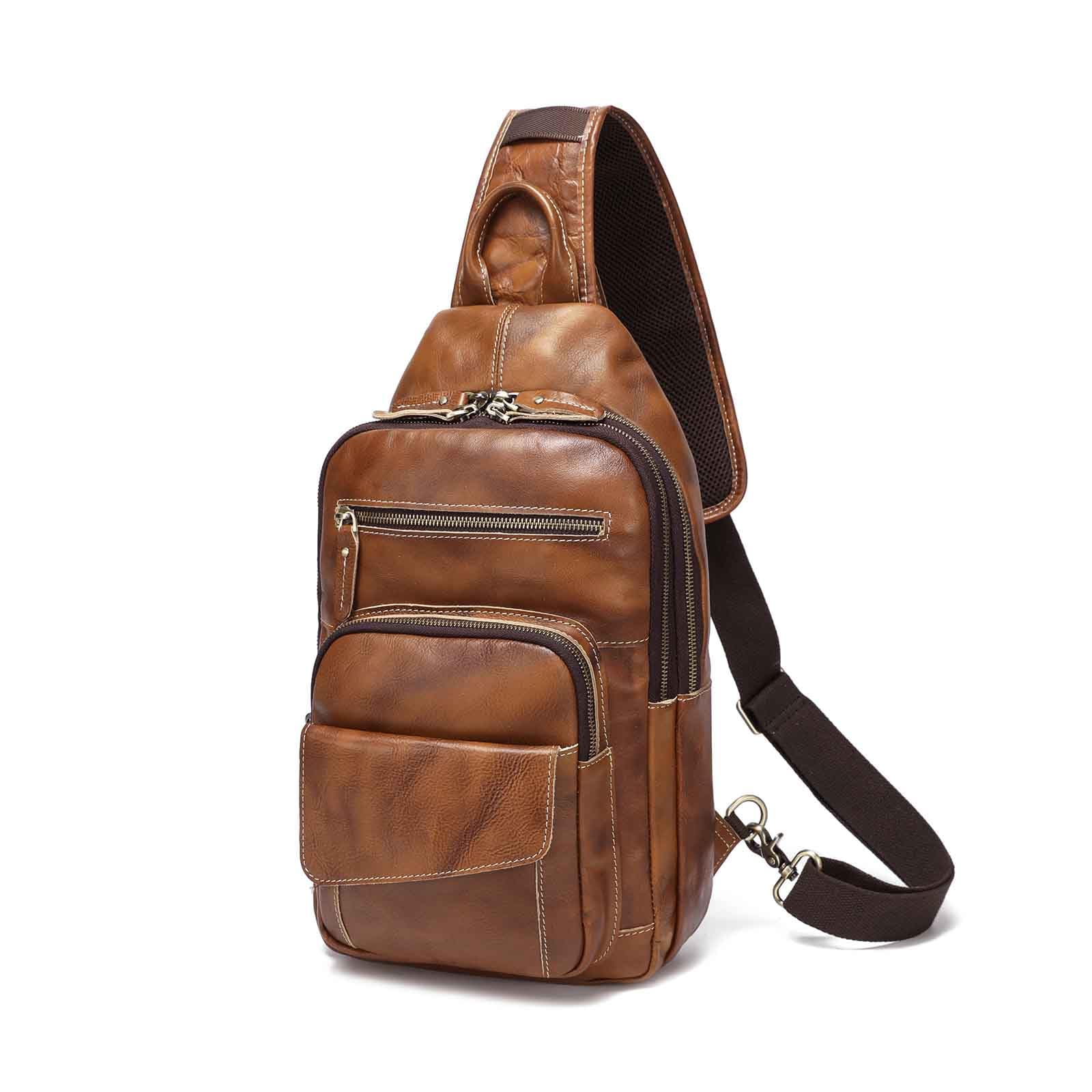 LANNSYNE Full Grain Leather Casual Sling Bag For Men Hiking/Travel/Business Crossbody Chest Bag Fits 12.9'' iPad'
