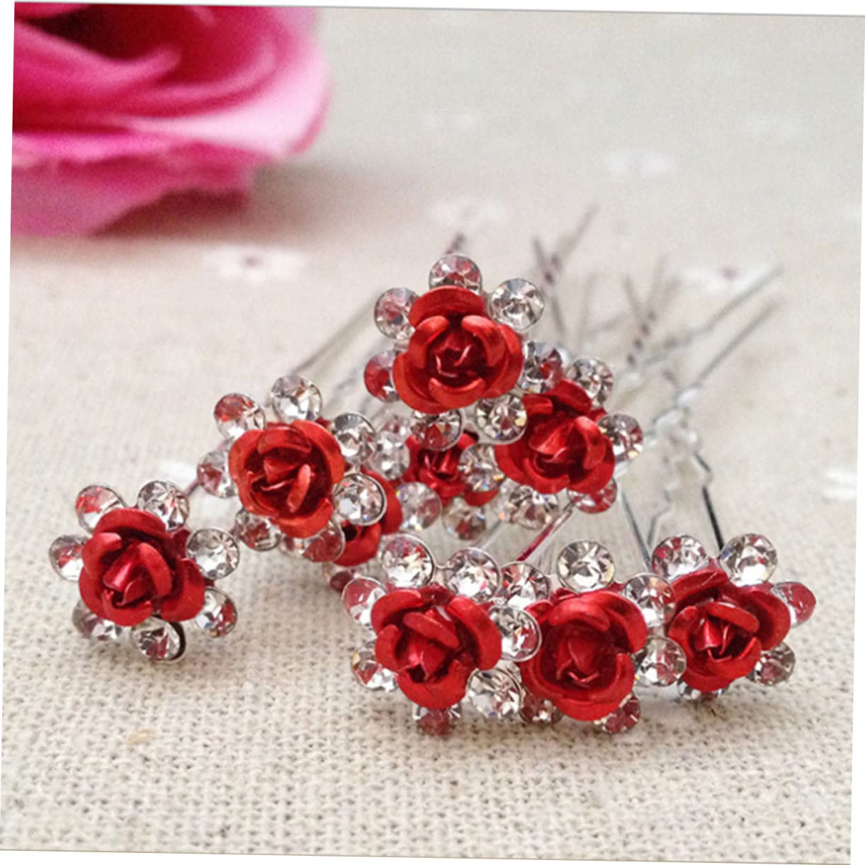 12piezas Horquillas Rosa Adornos De Rhinestone y Perlas Para Novia y Damas De Honor Bodas Rojo