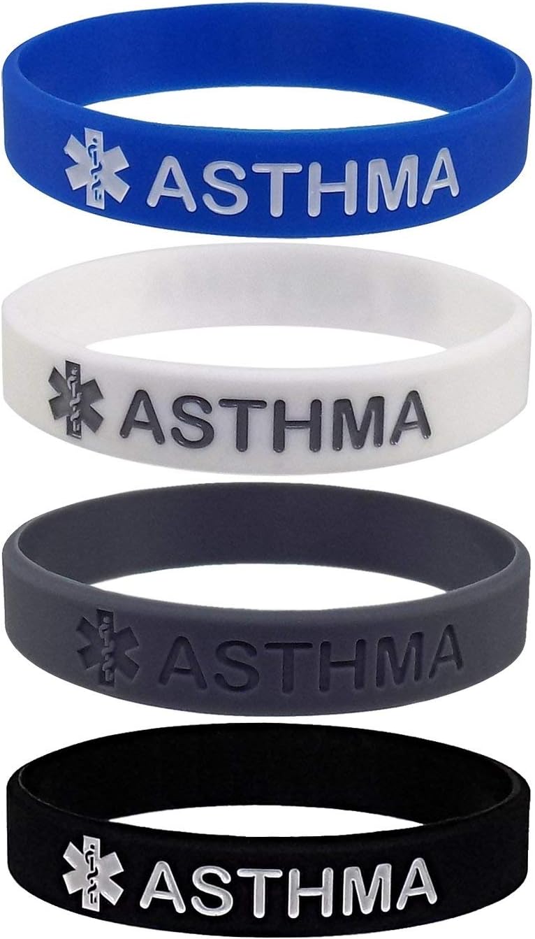 Set of 4 - Medical Asthma Awareness Alert Silicone Bracelets Wristbands