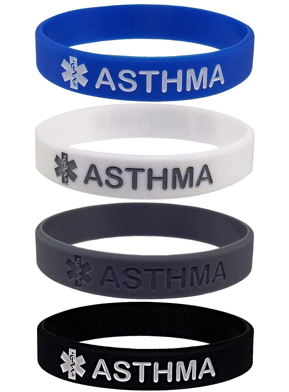 Set of 4 - Medical Asthma Awareness Alert Silicone Bracelets Wristbands