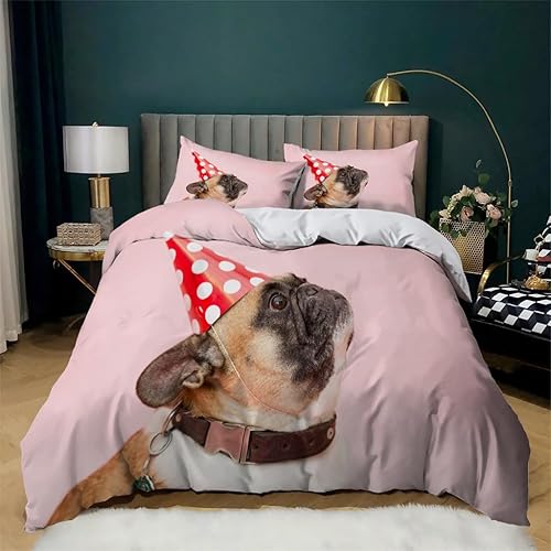 Juego de funda de edredón de bulldog francés rosa, tamaño Queen, juego de ropa de cama con estampado de perro, funda de edredón de microfibra suave