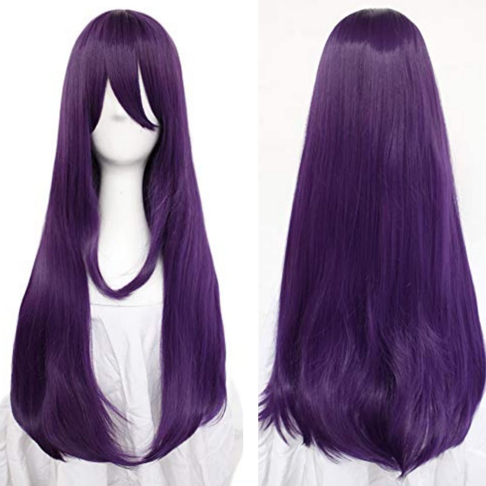 Hair Cap+32Inch/80cm Long Purple Wig with Bangs for Women Anime Cosplay, Peluca Morada Larga Para Mujer Straight Women Wig for Halloween Costumes Cosplay Party