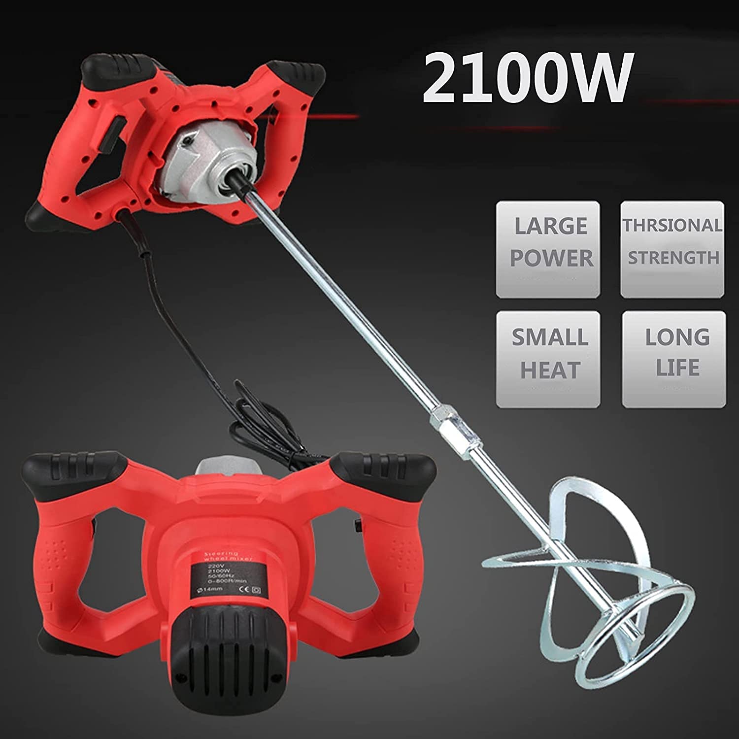 Mezclador de cemento portátil de 2100 W para taladro, mezclador de paleta ajustable de 6 velocidades, ideal para mortero, lechada, pintura, herramienta de agitación de alimentación de yeso rojo