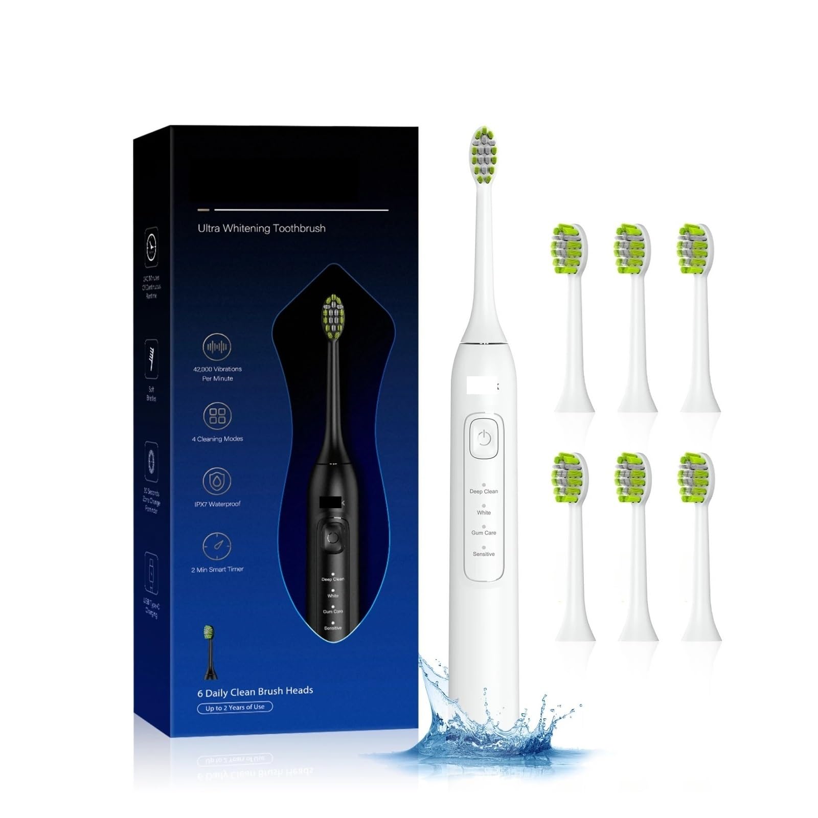 Adecuado para blanquear el cepillo de dientes eléctrico - 4 modos, temporizador inteligente, recargable tipo C, ultra potente con 6 cabezales de repuesto (JK-Y05BK)