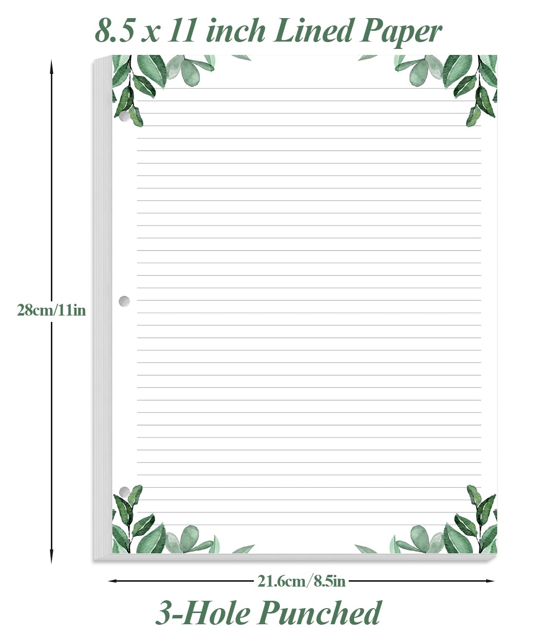 A4 liniertes Nachfüllpapier, 3-fach gelochtes, liniertes Füllpapier, 100 Blatt/200 Seiten lose Blätter, 100 g/m² weißes Papier, 21,6 x 27,9 cm, Blatt