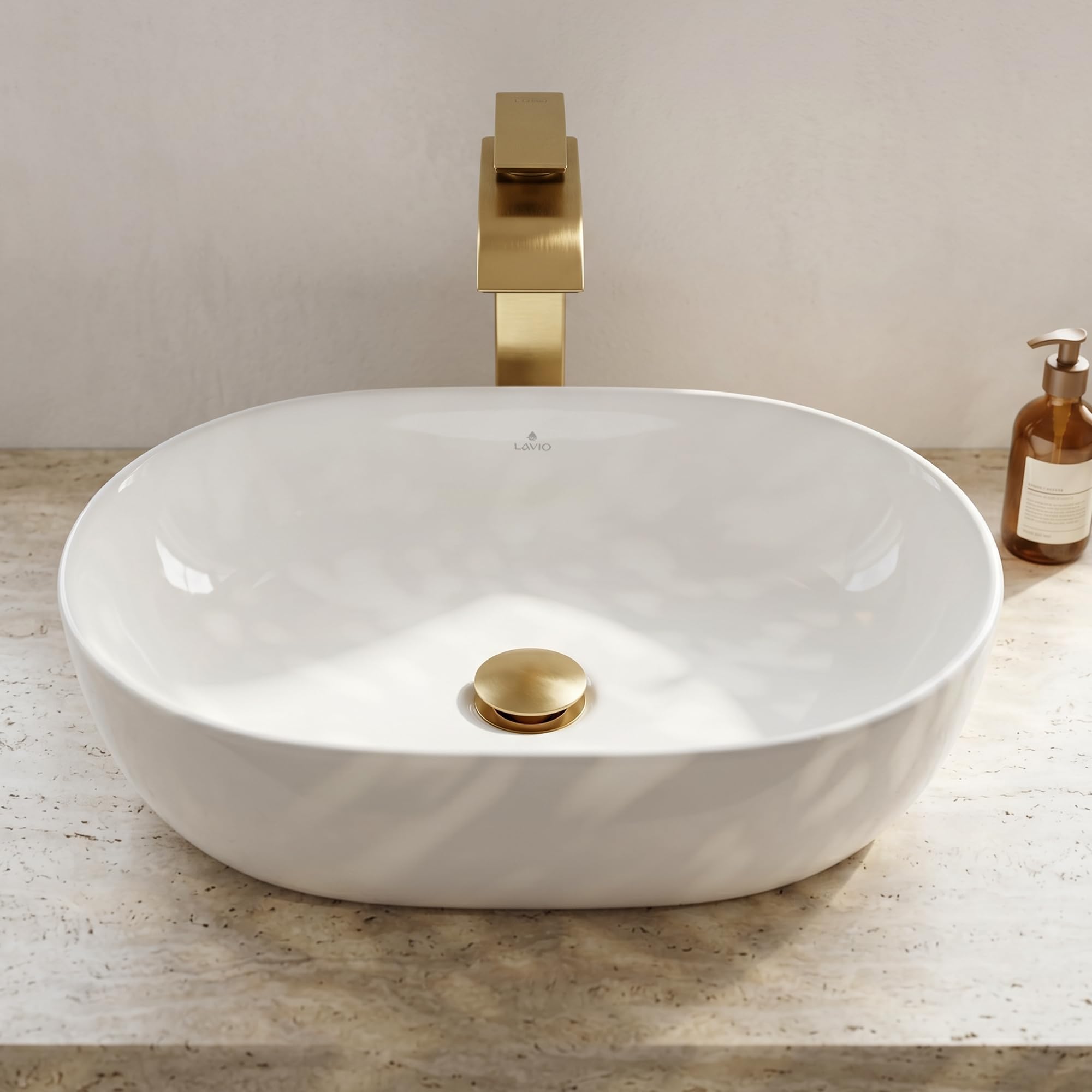 AKORD Lavabo sobre Encimera Oval Elipse, Lavamanos de Cerámica para Baño, sin Orificio de Grifo, 49 x 34,5 x 13,5 cm, Blanco brillante