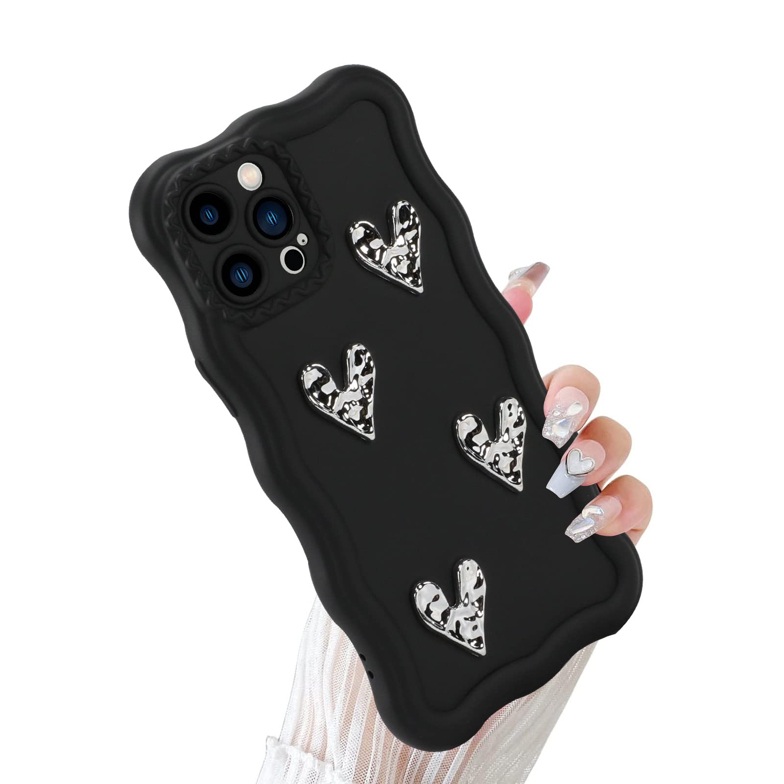 Wlxee Compatible with iPhone 13 Pro 6.1" 2021 Silicone 3D Love Heart Phone Case, Colors Love Heart Wavy Frame Full Protection for iPhone 13 Pro Soft TPU Shockproof Phone Cover for Women Girls