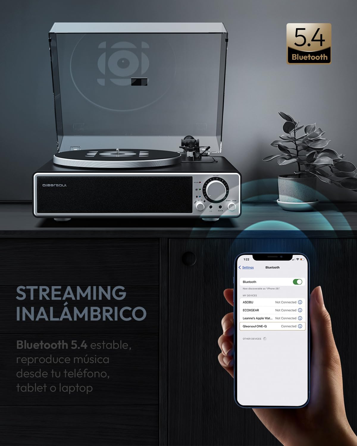Qlearsoul One-Q Tocadiscos de Vinilo Todo-en-Uno con Bluetooth 5.4, Tocadiscos HiFi con Altavoces Integrados, Preamplificador de Fono, Cartucho AT-3600L, 33/45 RPM, Apagado Automático