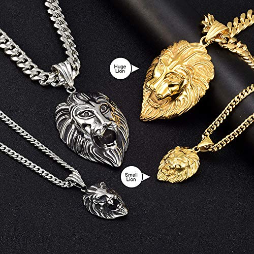 Huge Lion Necklace 18K Gold Stainless Steel Head Pendant Necklace Mens Hip Hop Rapper with 14MM Miami Cuban Link Chain 30inches4