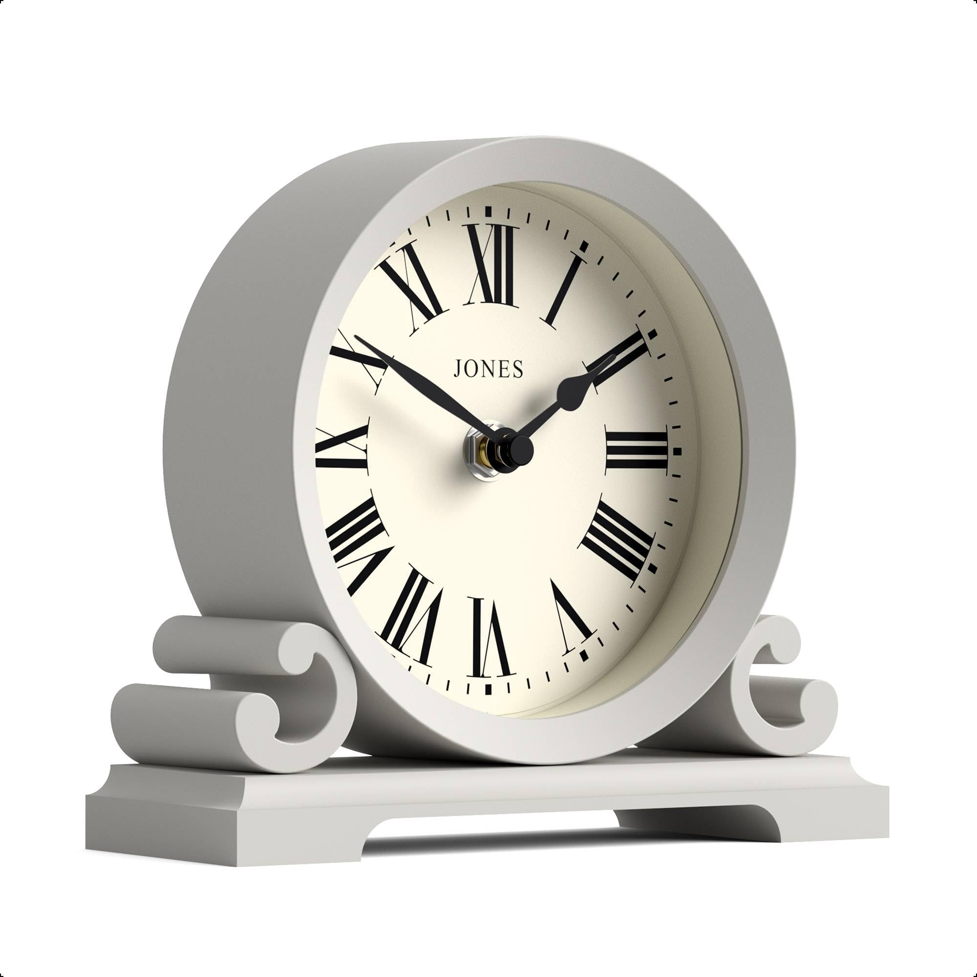 Jones Clocks Grey Jones Clocks® Saloon Mantel Clock | Small Traditional Double Scroll Design | | Roman Numerals | Classic Style For Desk, Table, Shelf Or Bedside