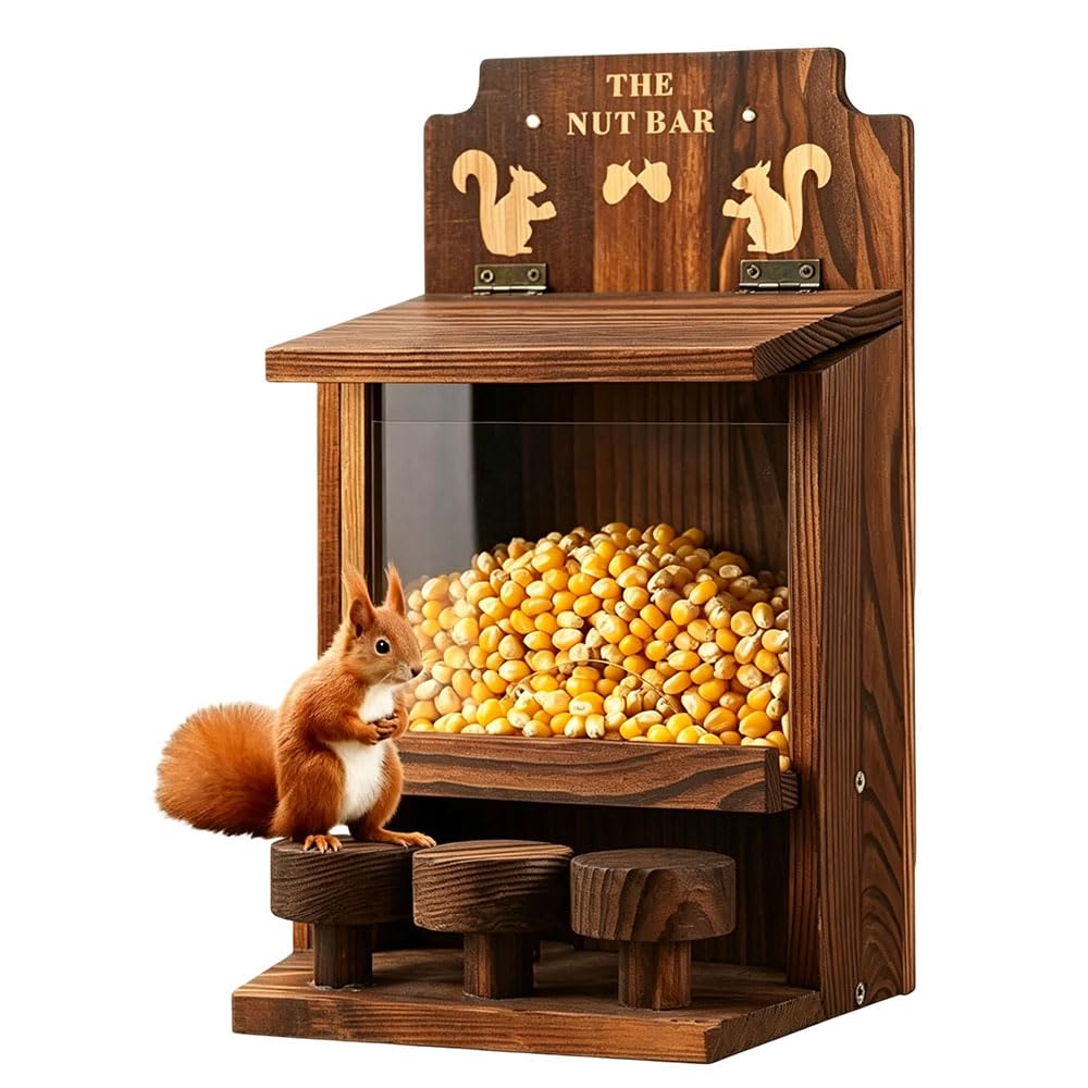 RNPKZ Wooden Squirrel Feeder, Squirrel Feeder Box with 3Stools&Clear Window