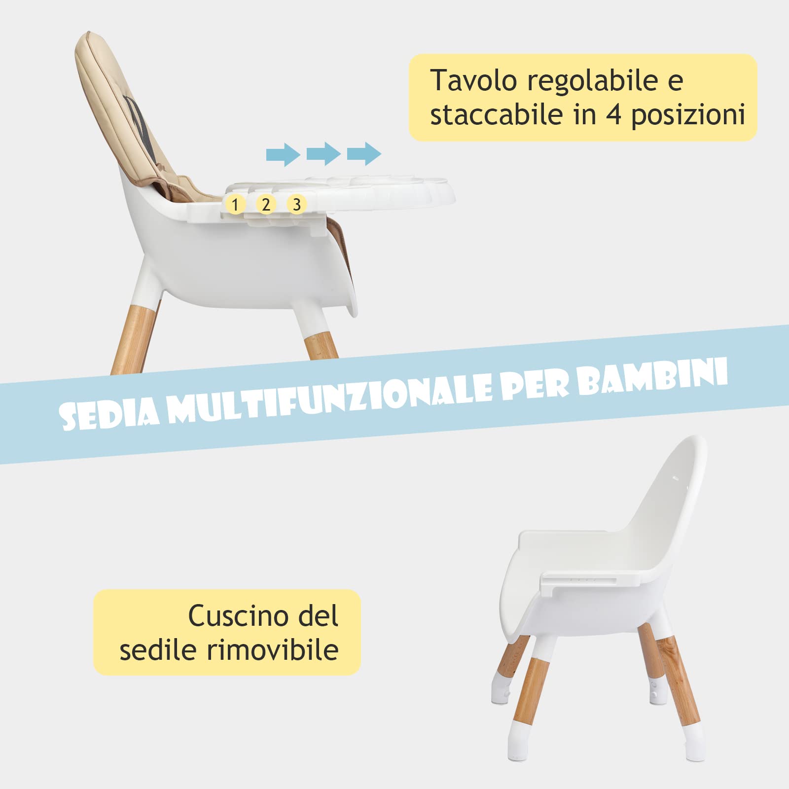 RELAX4LIFE 4 in 1 Seggiolone Pappa, Seggiolone Evolutivo con Vassoio Rimovibile e Cintura di Sicurezza, Altezza Regolabile in 4 Posizioni, per Bambini e Neonati 6-36 Mesi (Classico, Beige)