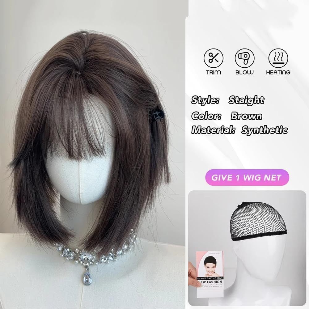 Haarpflege 8 Zoll Dunkelbraune Pony-Perücke Gerade Geschichtete Perücken Faser Hitzebeständig Party Oder Selfie Für Frauen