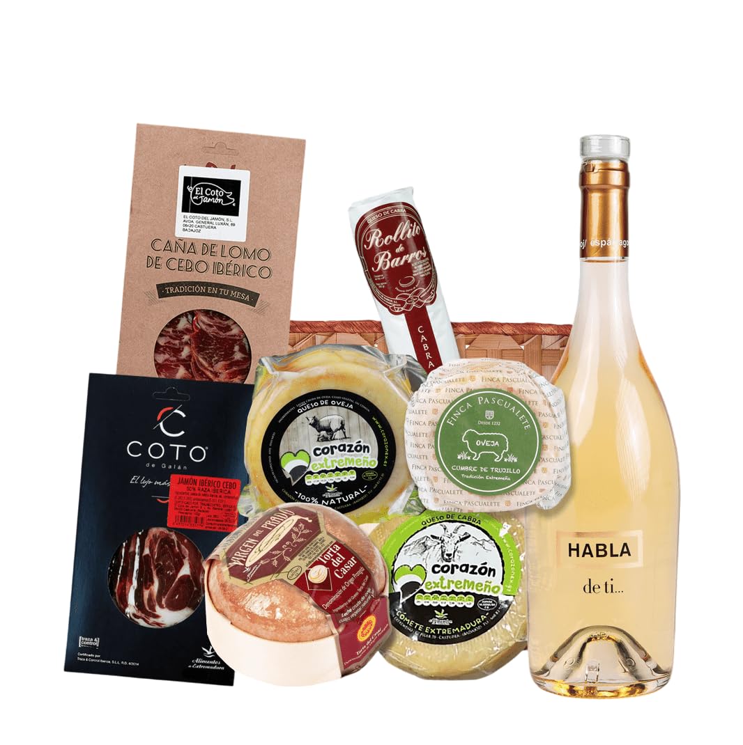 Cesta Gourmet Fregenal Loncheado de Lomo y Jamón Ibérico - Vino Blanco - Quesos Cabra Artesano y Rollito de Barros - Quesos de Oveja Cumbre de Trujillo y Artesano - Torta del Casar - CORAZON EXTREMEÑO
